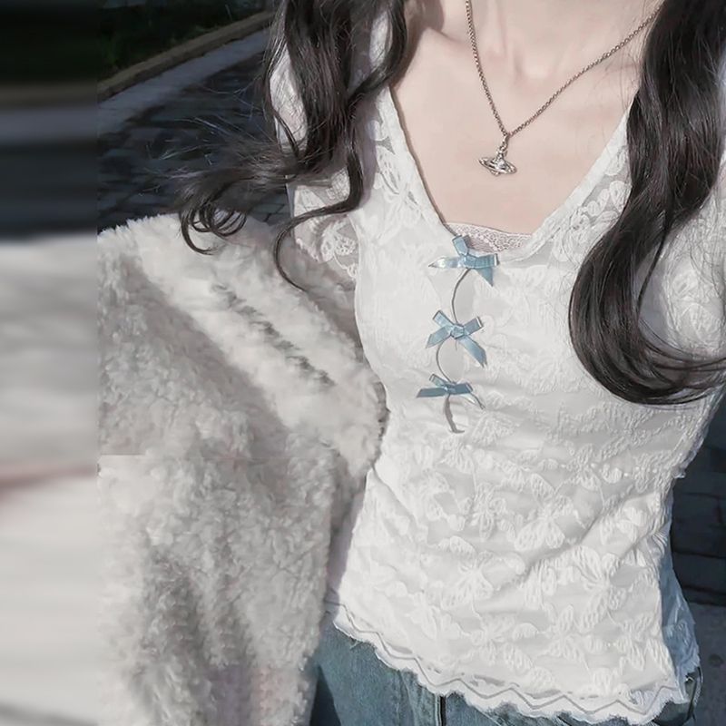 白色純欲風蕾絲內搭打底衫女春秋季2025新款修身顯瘦百搭長袖上衣