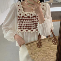 Korean sun protection internet celebrity style fashionable knitted crochet spliced ​​long sleeves for women in autumn new fake two-piece chiffon shirt top