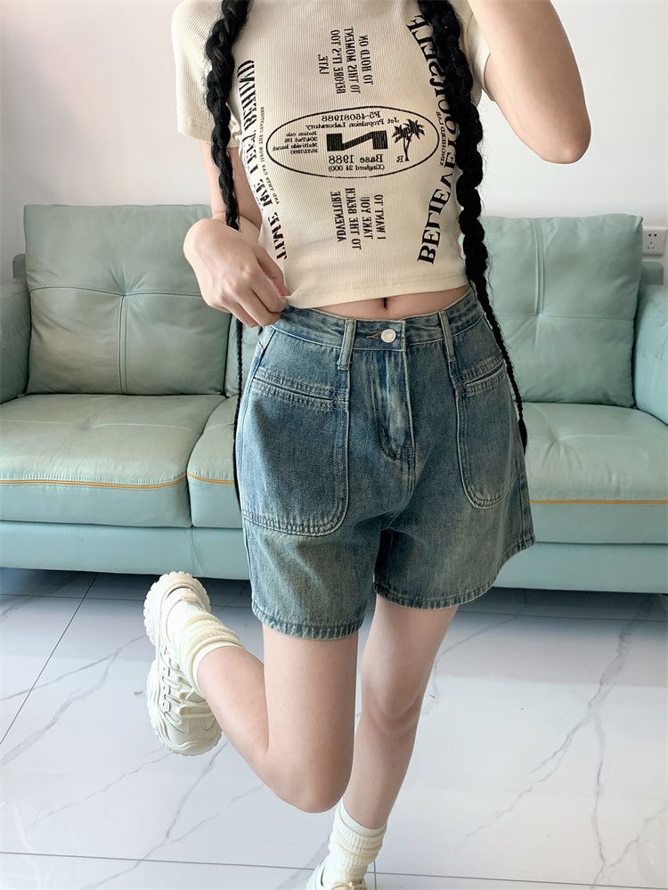 Spring and summer new commuting personality design high waist straight-leg denim shorts women's wide-leg A-line cover meat denim hot pants