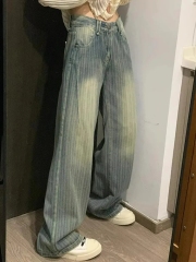 American Retro Wide Leg Jeans for Women - 2025 Spring New Striped Design Sensory Loose Drape Straight Floor-Length Pants
