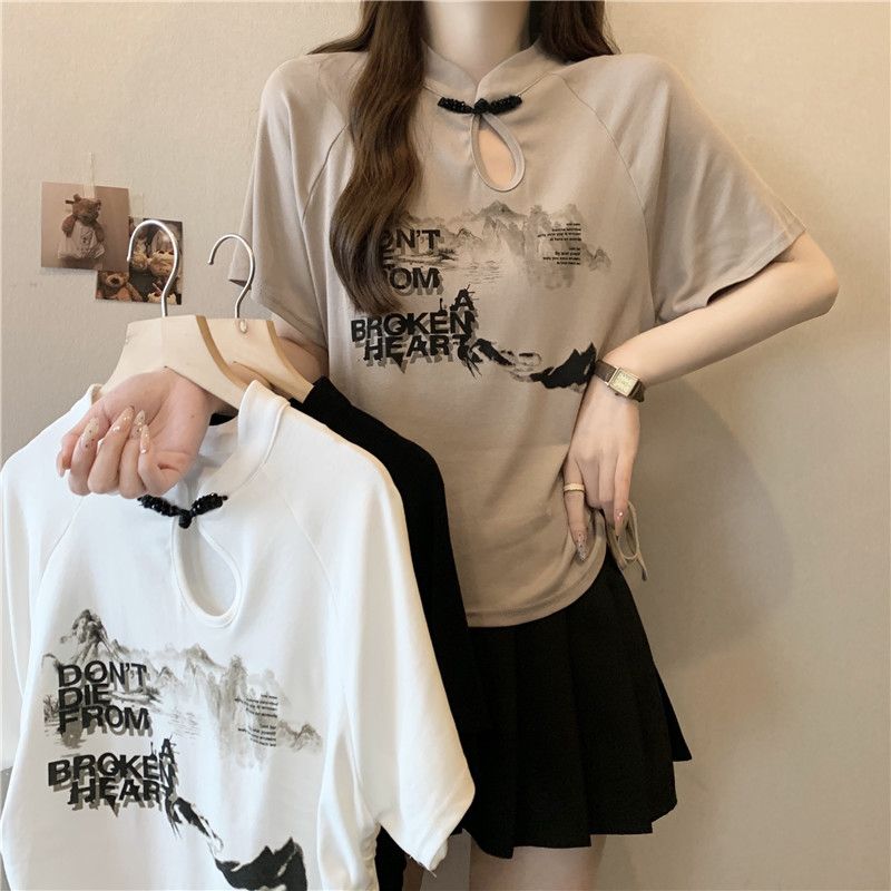 實拍別致港味復古新中式chic甜辣短款上衣設計感小眾短袖t恤女夏