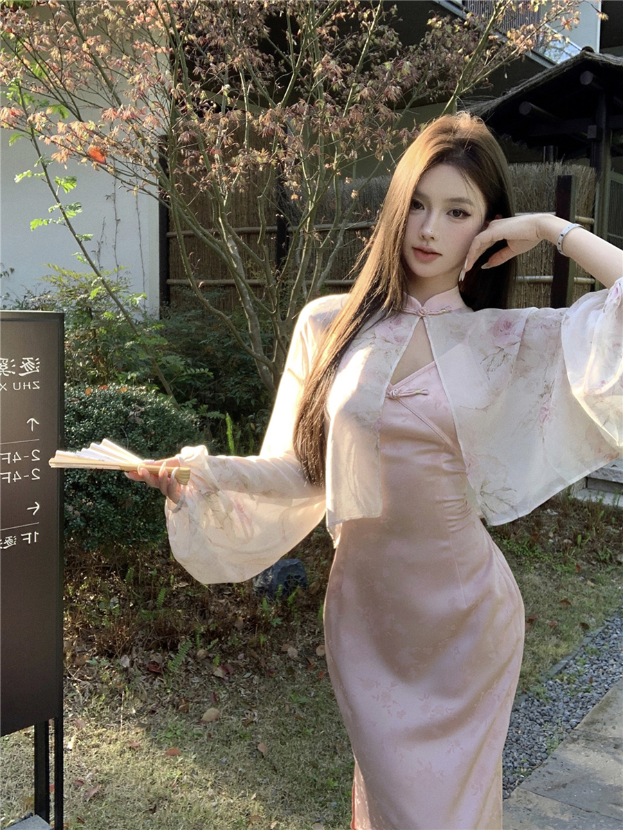 實拍復古性感新中式提花V領吊帶連衣裙開叉收腰長裙子女防曬開衫