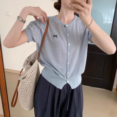 Bow embroidered sweater short-sleeved Korean cardigan thin women's summer slightly transparent ice silk shoulder T-shirt top