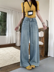 實拍 ~復古闊腿牛仔褲女新款高腰顯瘦直筒百搭小個子長褲