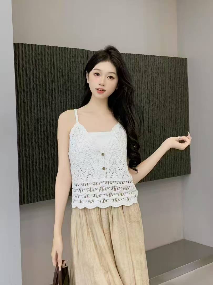 All-match niche design retro hook-flower hollow suspender with loose vest fashionable style