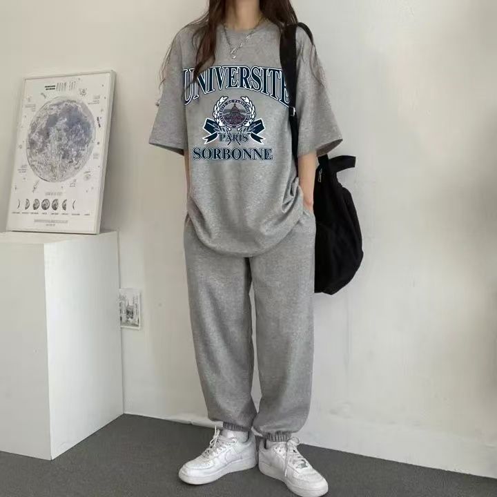 純色多款潮牌女裝套裝兩件韓版圓領短袖長褲兩件套2025新款夏季