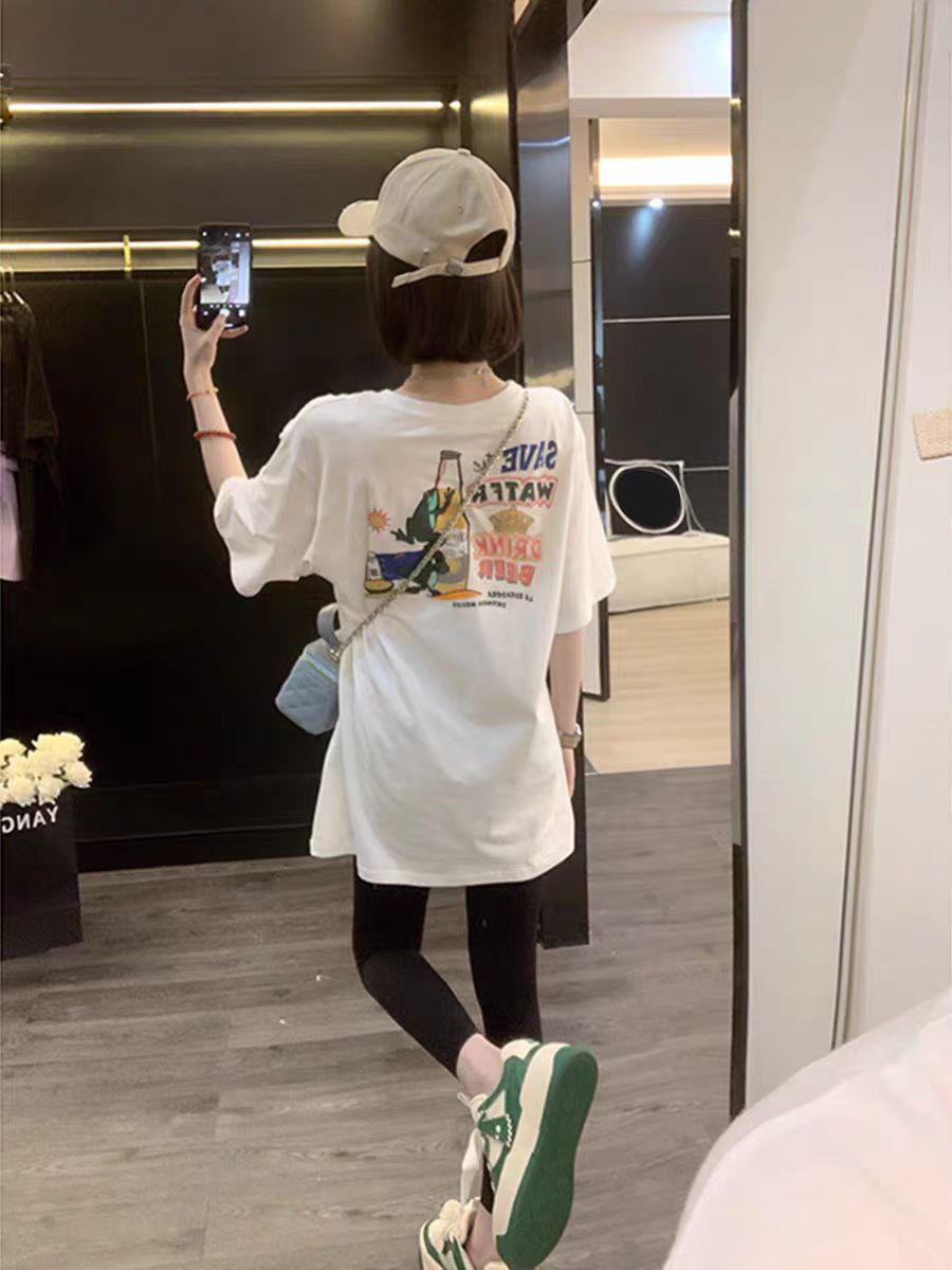 200g combed and tight spun in 2025, pure cotton back bag strip, spring and summer loose shoulder printed short-sleeved T-shirt