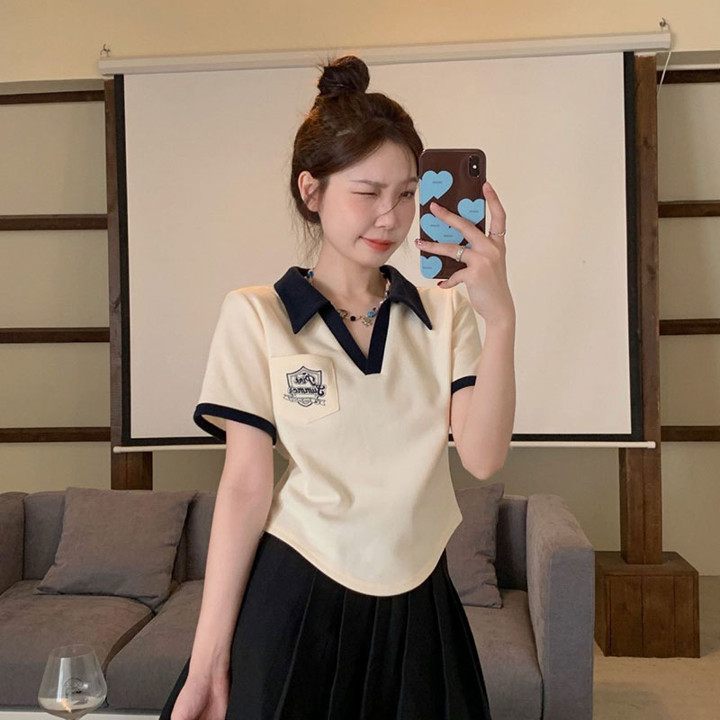 American retro front shoulder POLO shirt short-sleeved T-shirt for women summer loose design niche chic short hot girl top