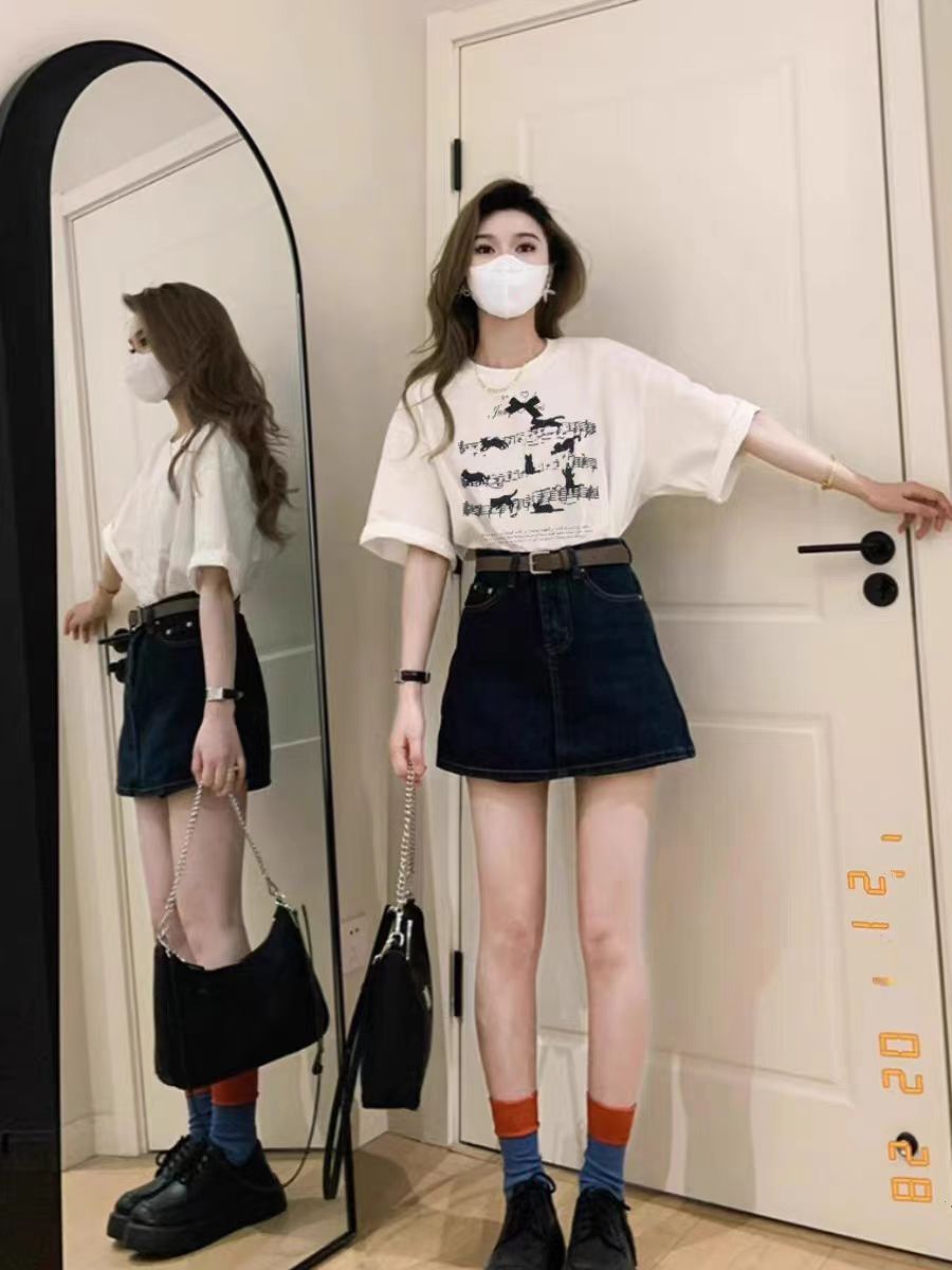 200g combed and tight spun in 2025, pure cotton back bag strip, spring and summer loose shoulder printed short-sleeved T-shirt