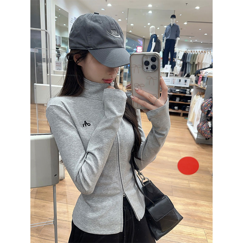 Pure cotton original quality half turtle neck double zipper long-sleeved T-shirt spring slim versatile top