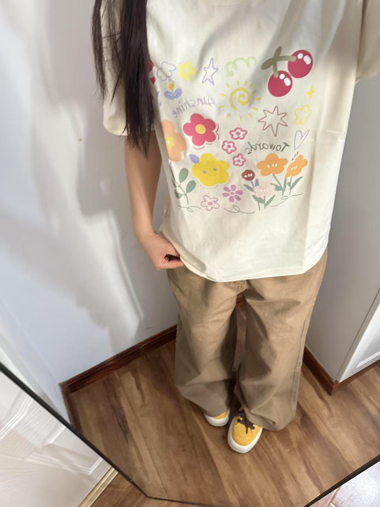 200g combed and tight spun in 2025, pure cotton back bag strip, spring and summer loose shoulder printed short-sleeved T-shirt