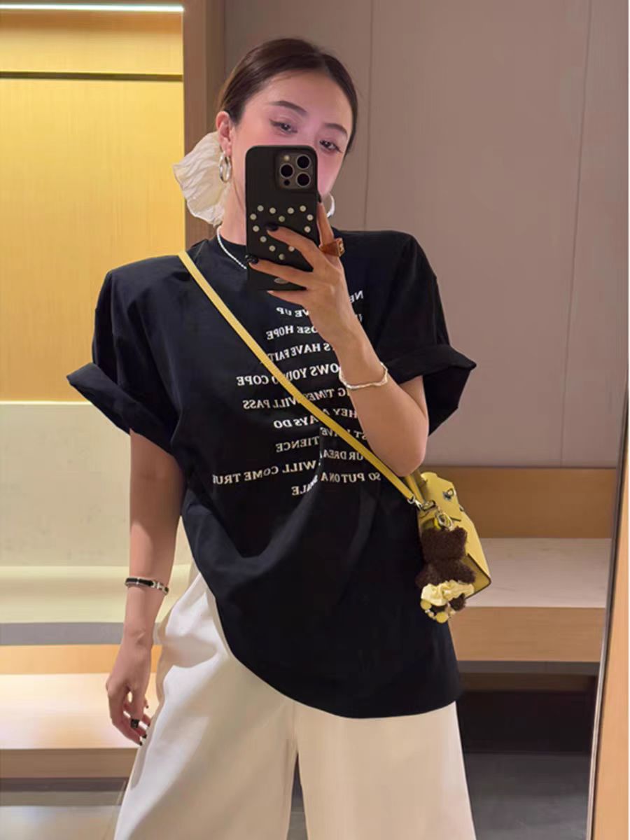 200g combed and tight-fitting sprinkler, pure cotton backpack, spring and summer loose shoulder printed short-sleeved T-shirt