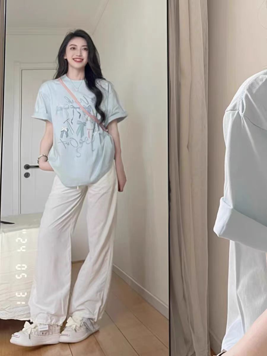 200g combed and tight-fitting sprinkler, pure cotton backpack, spring and summer loose shoulder printed short-sleeved T-shirt