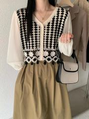 Early autumn new gentle style hollow hook flower spliced ​​chiffon long-sleeved shirt for women