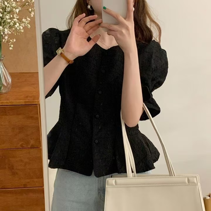 5045 Korean version of chic summer French elegant round neck single-breasted jacquard flared sleeves ruffled shirt top for women