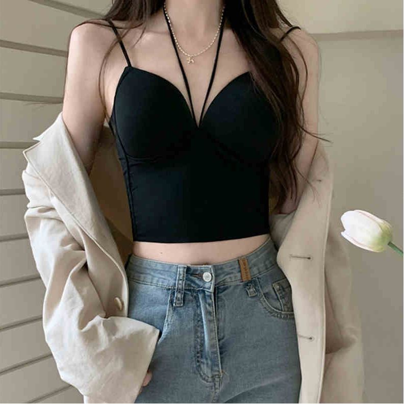 港風辣妹掛脖帶胸墊一體吊帶背心女春夏內搭外穿性感美背