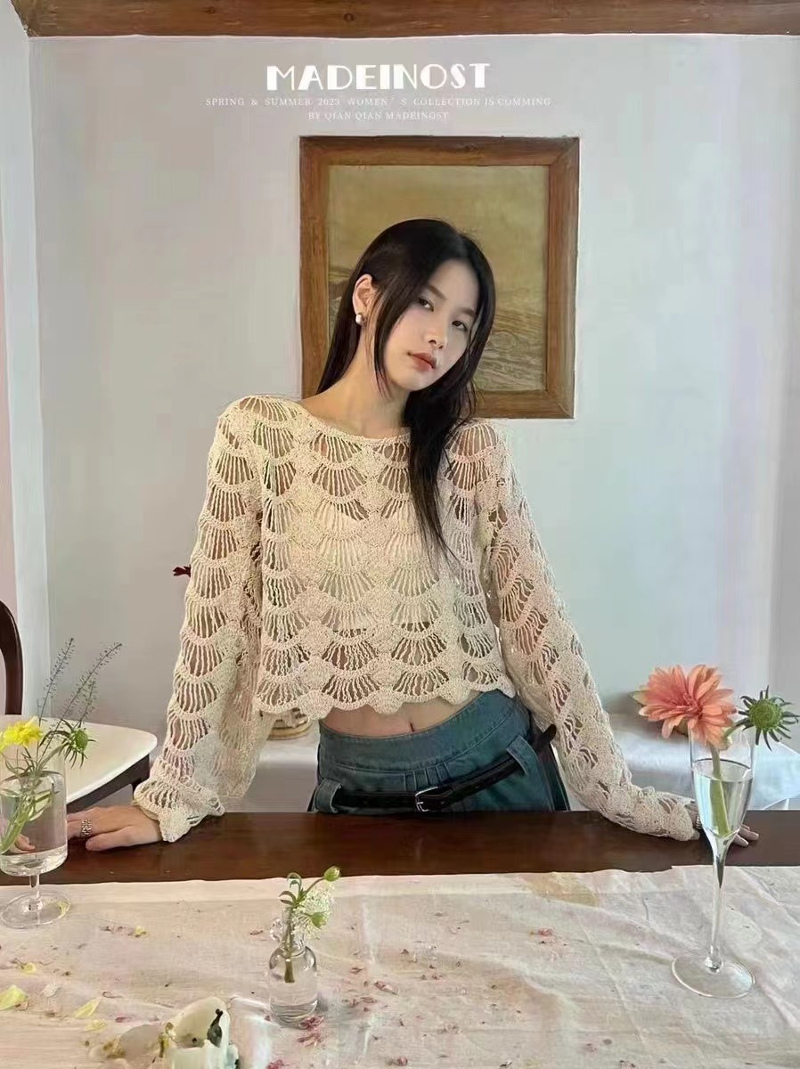 Sweet hollowed-out shirt thin knitted sunscreen shirt loose short pullover ice silk shirt top