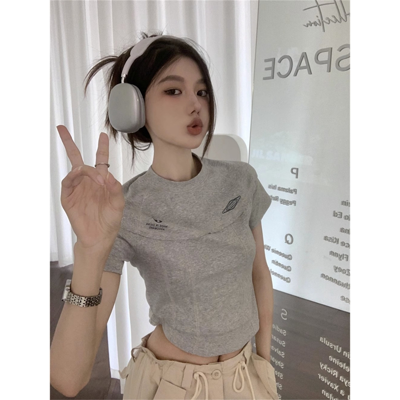 韓國外貿韓版夏季新款灰色美式復古印花正肩短袖T恤女