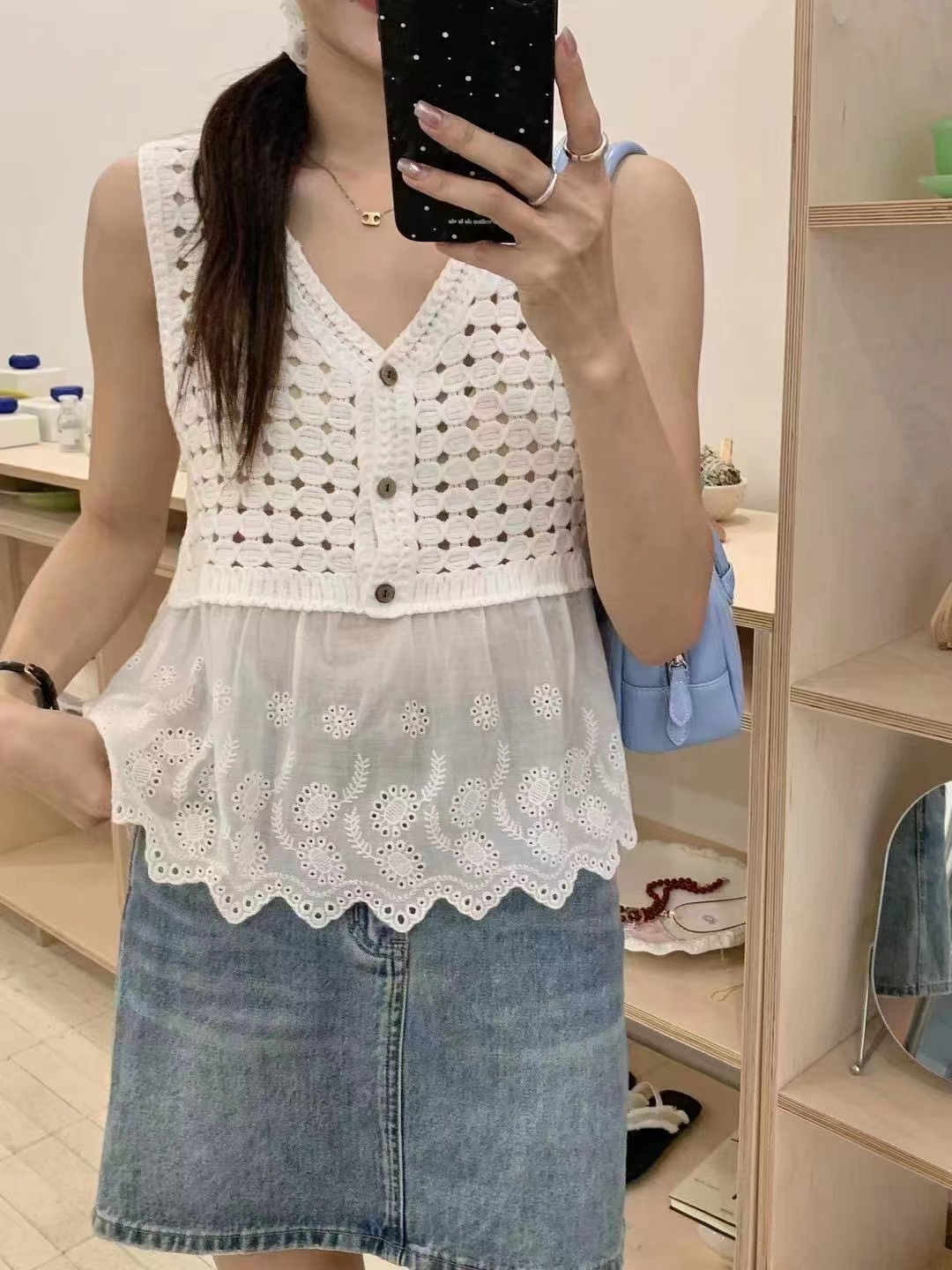 Summer hook design suspender vest with round neck single-breasted spliced ​​chiffon ruffled skirt
