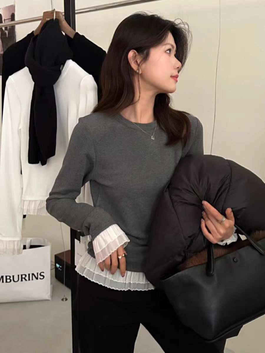 復古韓版蕾絲拼接喇叭袖T恤女春季2025新款洋氣獨特别致寬鬆上衣