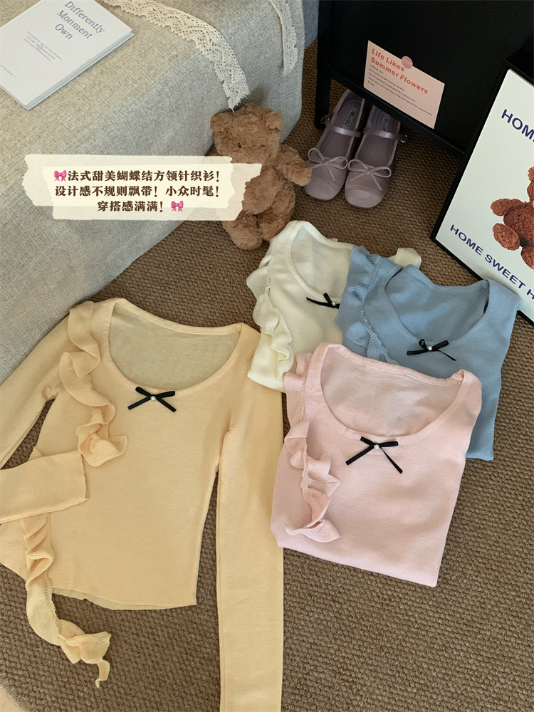 Real shot of 2025 spring new sweet and versatile irregular base long sleeve U-neck sweater for women