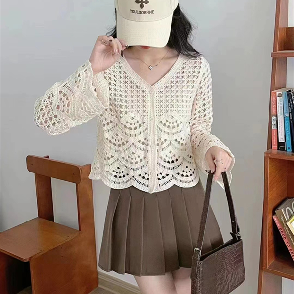 New spring and summer Korean versatile design sense hollow versatile cardigan thin hook-up knitted sunscreen blouse for women