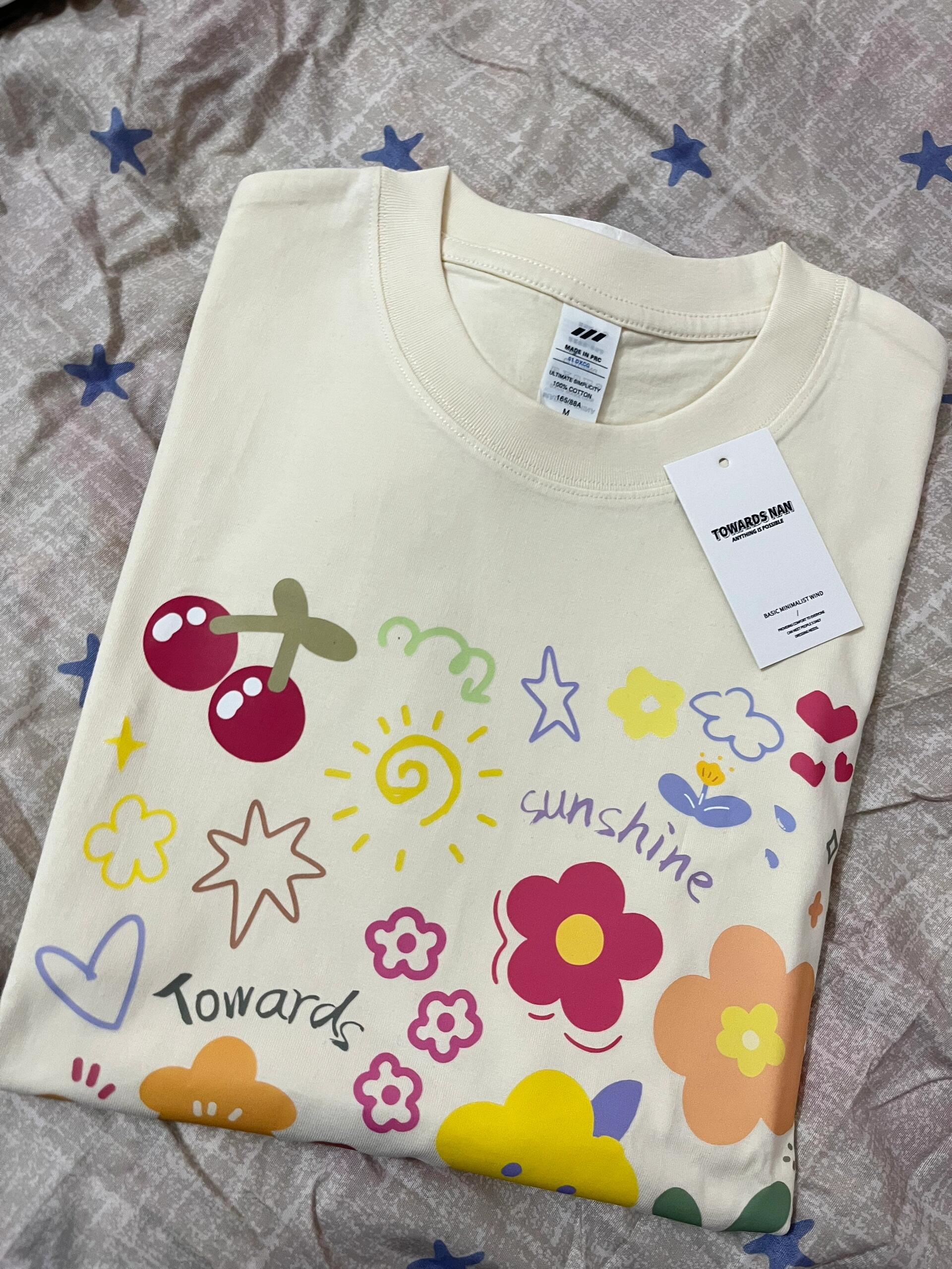 200g combed and tight spun in 2025, pure cotton back bag strip, spring and summer loose shoulder printed short-sleeved T-shirt