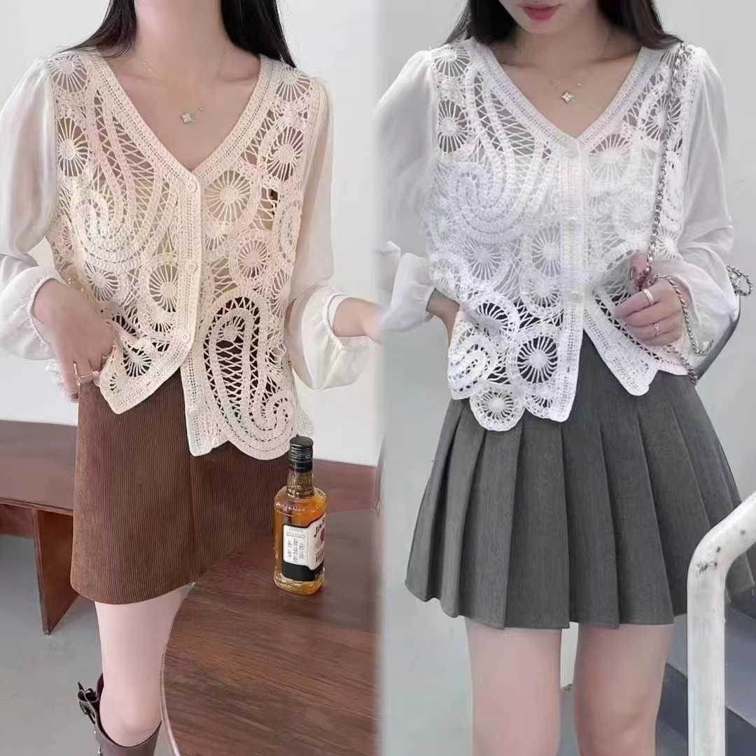 French V-neck hollow design knitted cardigan spring style chiffon shirt long-sleeved top