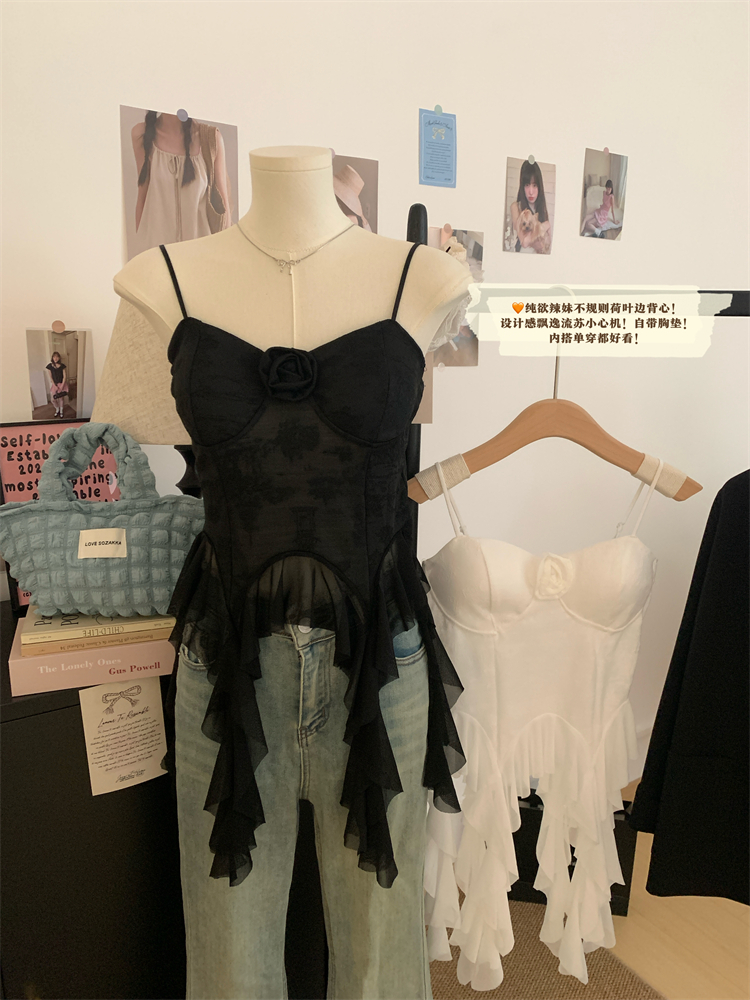Real photo of hot girls three-dimensional flower streamer vest 25 new style outside wear vacation irregular tube top