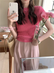 THE LEMON春季針織衫女韓版新款圓領修身顯瘦洋氣純色短袖上衣潮