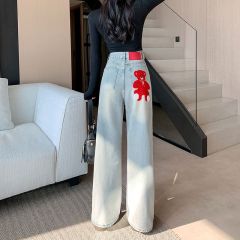 Real shot~ Pocket decorative old jeans for women's new high-waist loose slim and versatile draped wide-leg pants