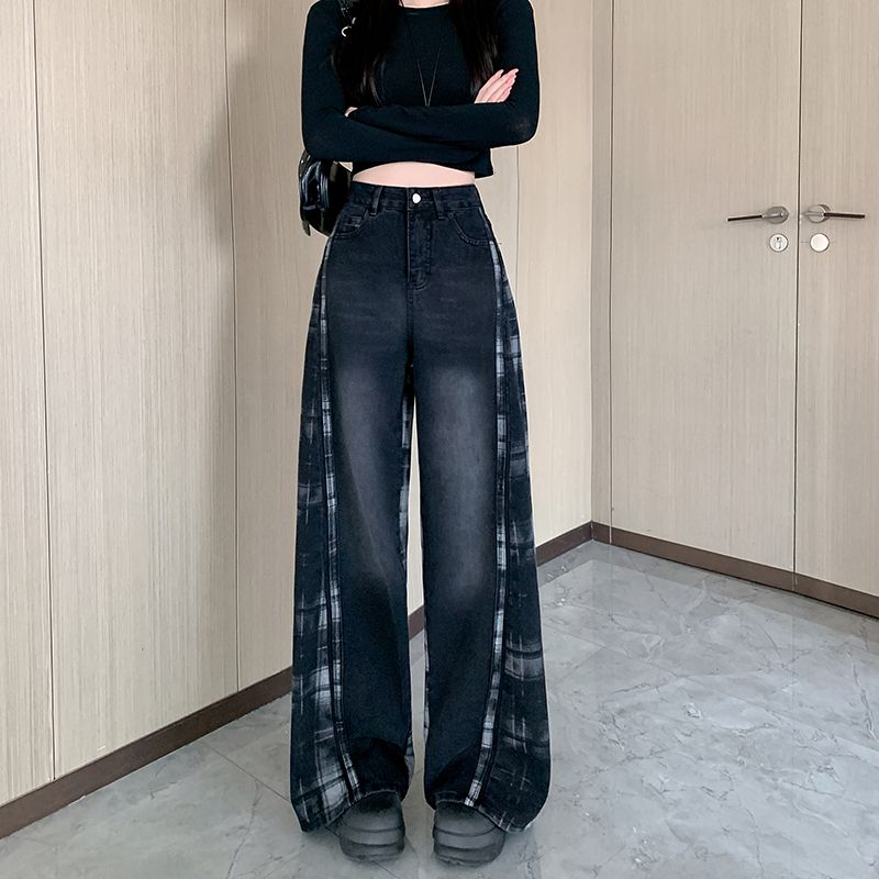 Real shot~ American high street contrasting plaid spliced ​​jeans for women's new hot girl loose draped wide-leg pants