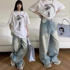 2025 spring and summer light blue American street washing straight jeans for women loose high waist old grinding white wide-leg pants