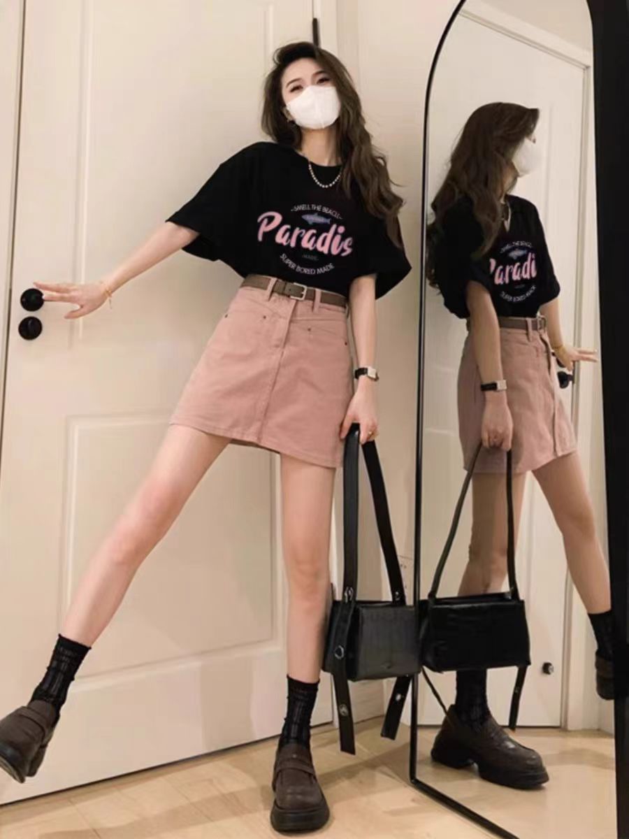 200g combed and tight spun in 2025, pure cotton back bag strip, spring and summer loose shoulder printed short-sleeved T-shirt