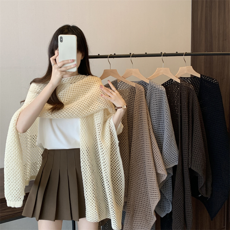 Small fat big size autumn and winter fat sister cape shawl knitted cardigan with hollow scarf dual-purpose cloak