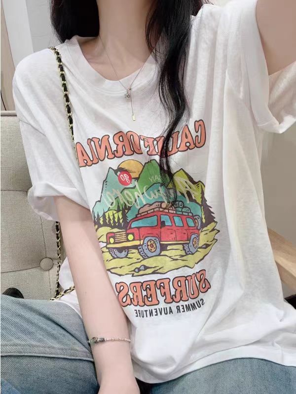 200g combed and tight spun in 2025, pure cotton back bag strip, spring and summer loose shoulder printed short-sleeved T-shirt