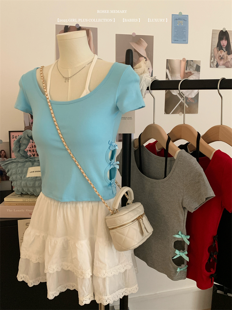 Real shot of 25 years new pure desire style fake two-piece halter neck short-sleeved T-shirt women's chic hollow short style