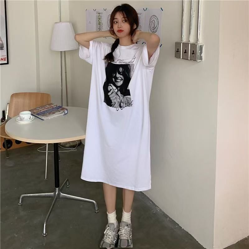 韓系ins風夏季個性印花直筒裙百搭短袖連衣裙