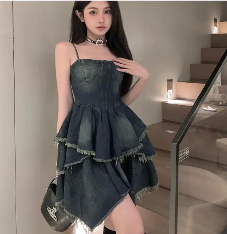 夏裝新款大碼法式辣妹牛仔吊帶連衣裙復古氣質短裙子潮S-5XL200斤