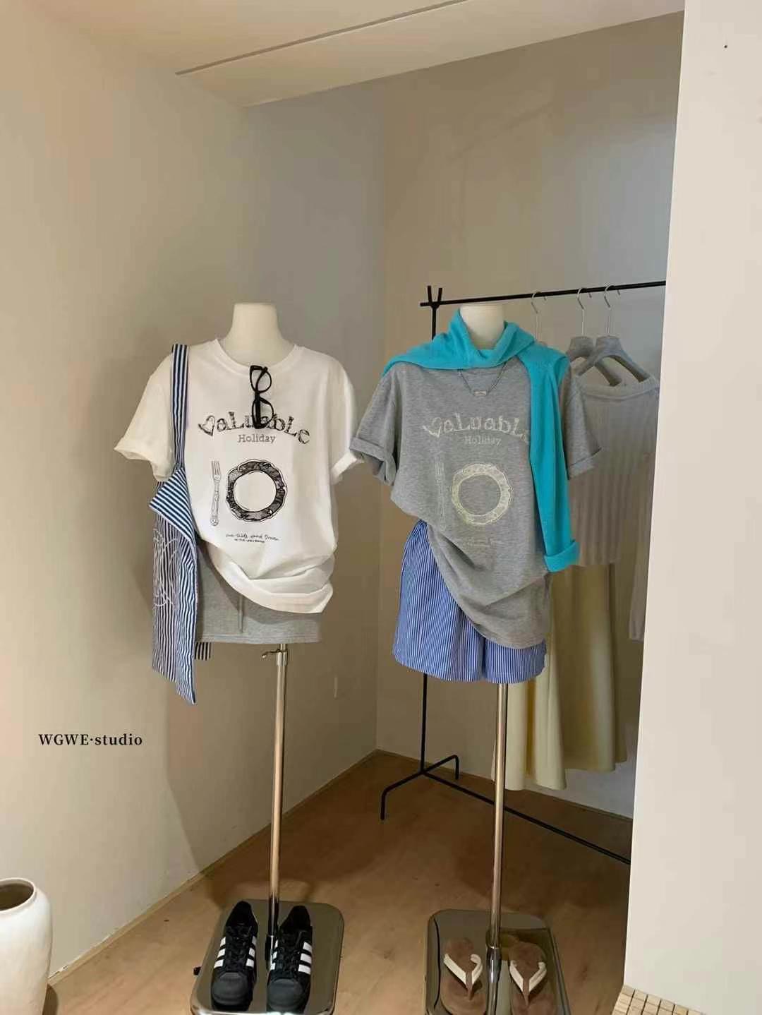200g combed and tight spun in 2025, pure cotton back bag strip, spring and summer loose shoulder printed short-sleeved T-shirt