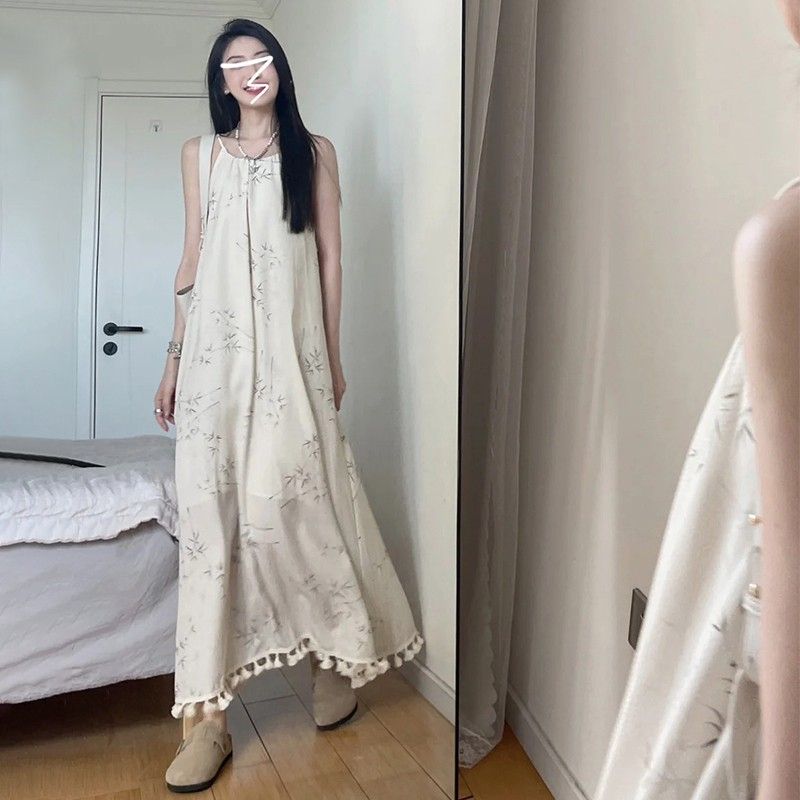 New Chinese tassel shaved dress for women 2025 summer new style cool retro and improved A-line long skirt