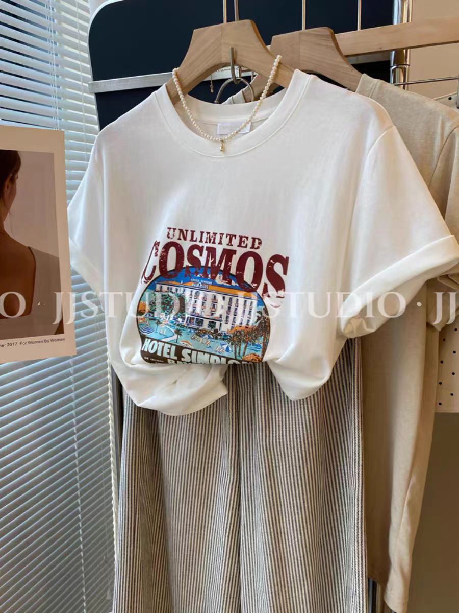200g combed and tight-fitting sprinkler, pure cotton backpack, spring and summer loose shoulder printed short-sleeved T-shirt