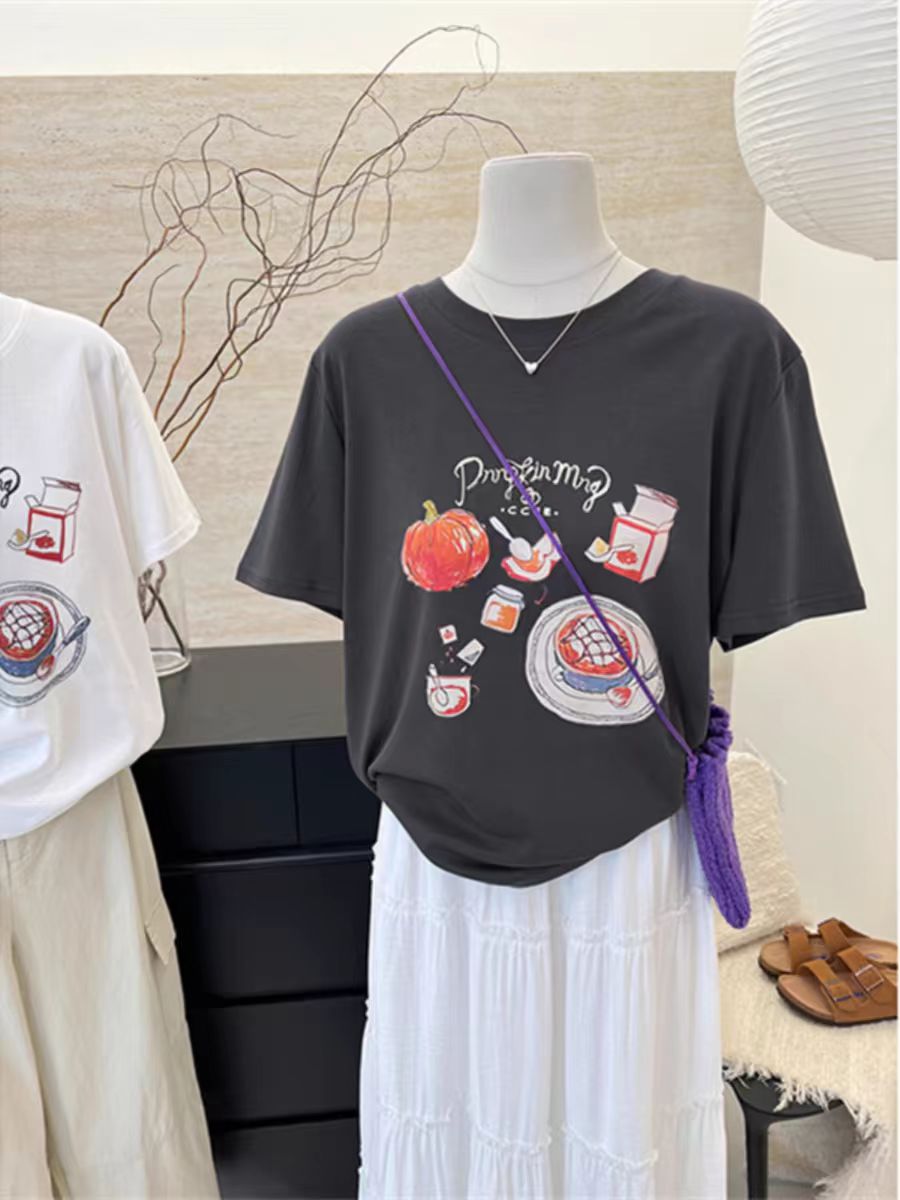 200g combed and tight-fitting sprinkler, pure cotton backpack, spring and summer loose shoulder printed short-sleeved T-shirt