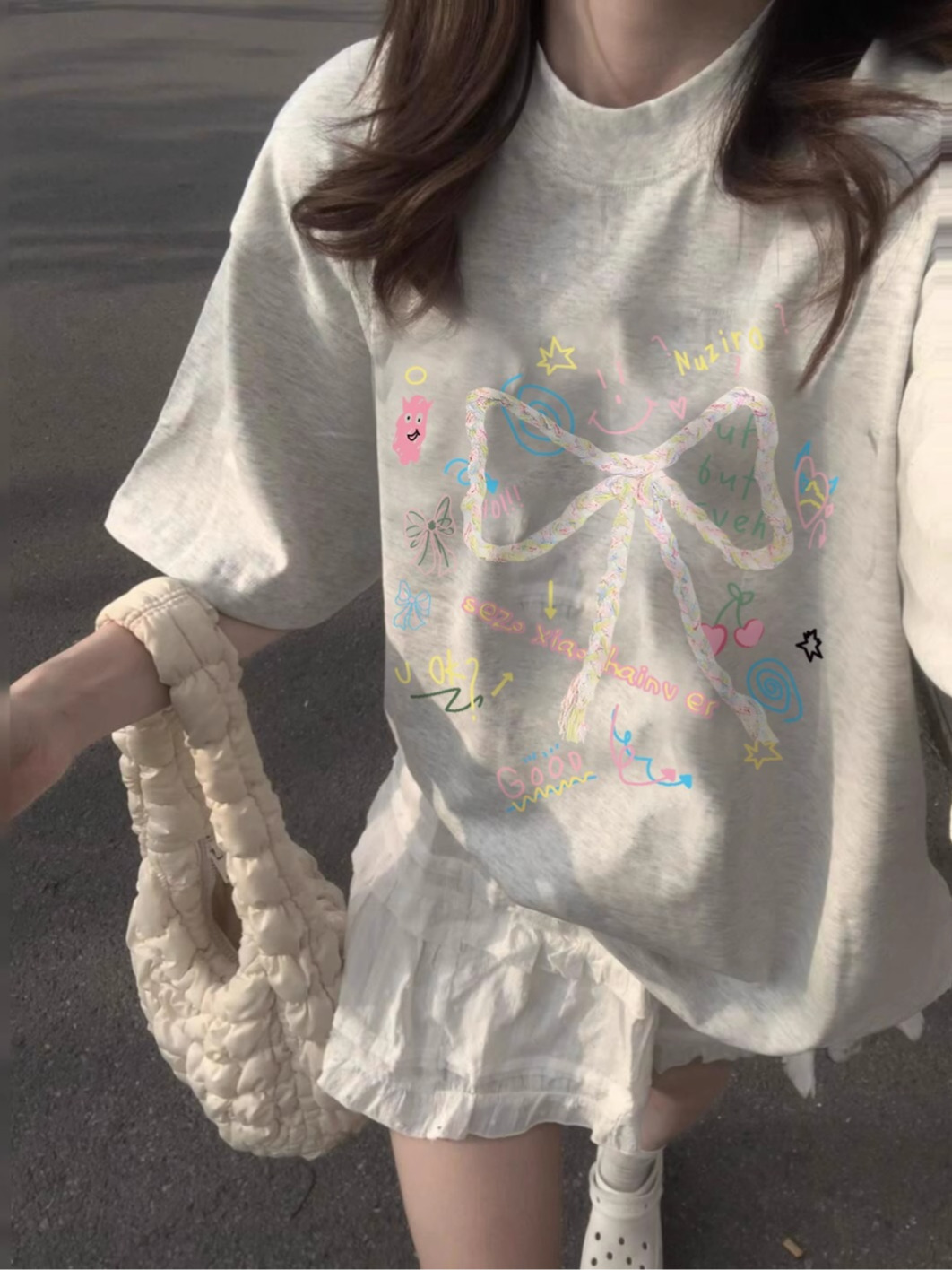 200g combed and tight-fitting sprinkler, pure cotton backpack, spring and summer loose shoulder printed short-sleeved T-shirt