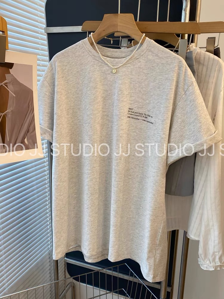 200g combed and tight spun in 2025, pure cotton back bag strip, spring and summer loose shoulder printed short-sleeved T-shirt