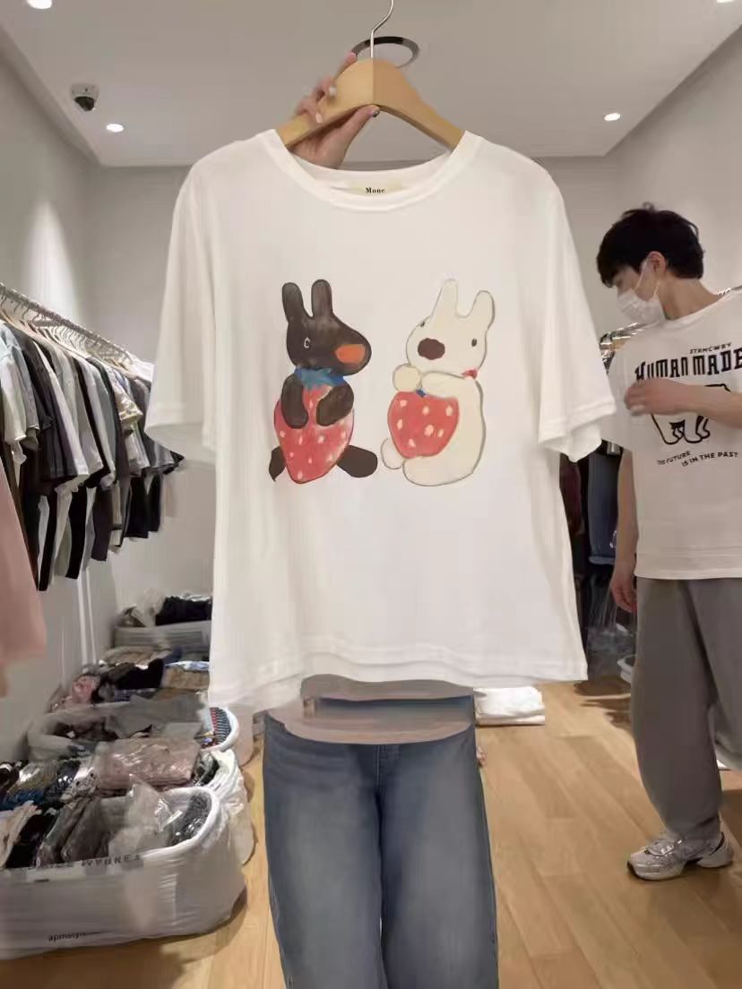 200g combed and tight spun in 2025, pure cotton back bag strip, spring and summer loose shoulder printed short-sleeved T-shirt
