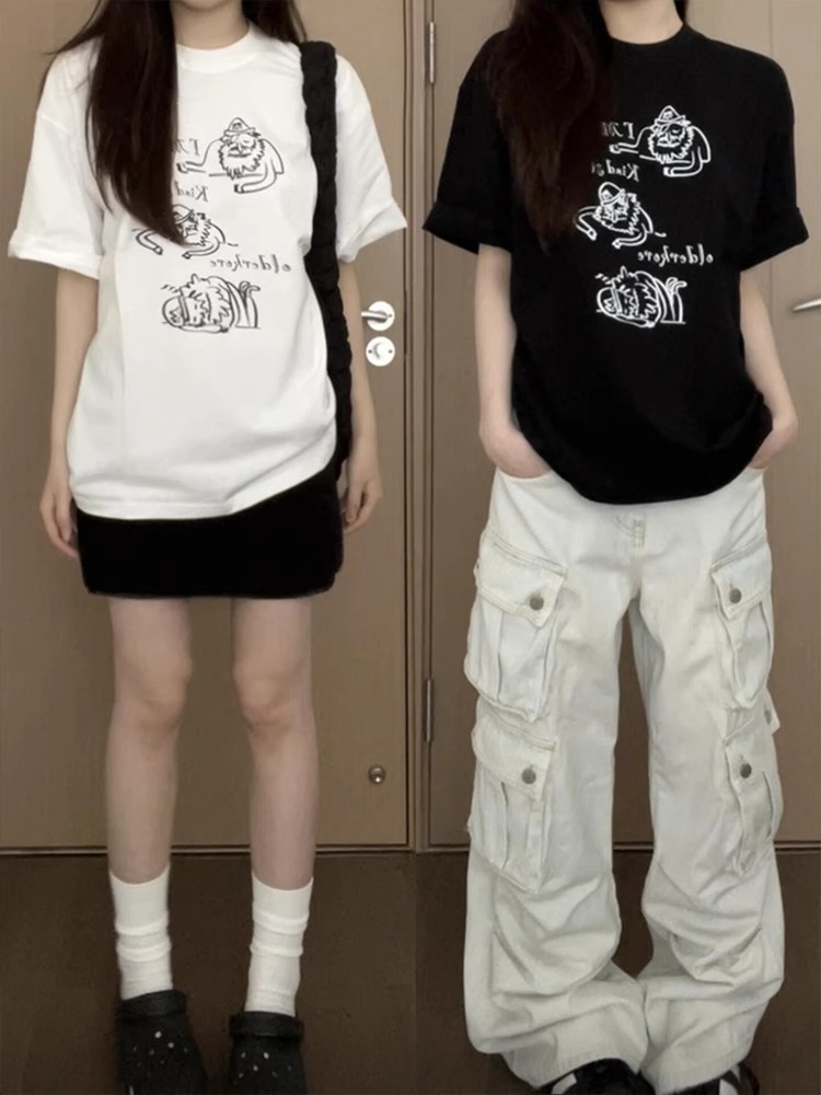 200g combed and tight spun in 2025, pure cotton back bag strip, spring and summer loose shoulder printed short-sleeved T-shirt
