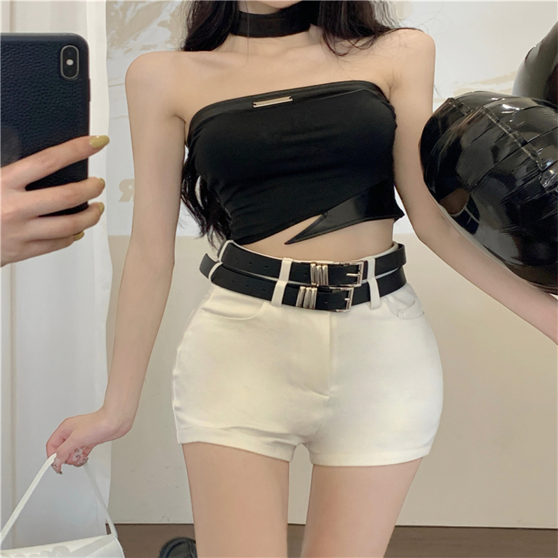 Real-life new hot girl high waist straight versatile shorts slim casual pants with double belts