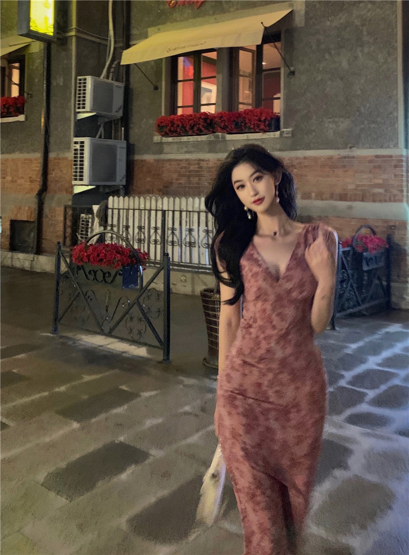 Real photos of celebrity temperament floral dress slim midi skirt gentle chiffon skirt