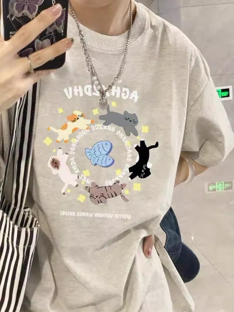 200g combed and tight-fitting sprinkler, pure cotton backpack, spring and summer loose shoulder printed short-sleeved T-shirt